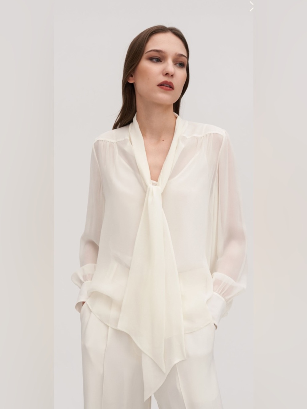 Lilysilk Bow Tie 100% mulberry Silk Jasmine Blouse sheer white tie neck top - Picture 3 of 12